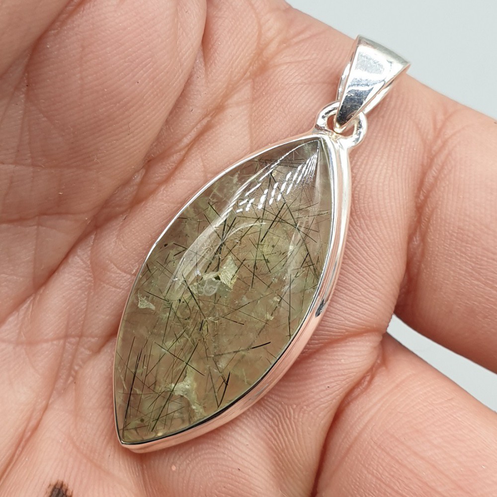 925 Sterling zilveren hanger met zwarte Toermalijn in Prehniet