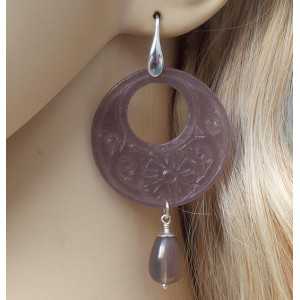 Silver earrings with carved Jade and grey Agate