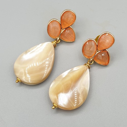 Vergulde oorbellen oranje Kattenoog en Parelmoer
