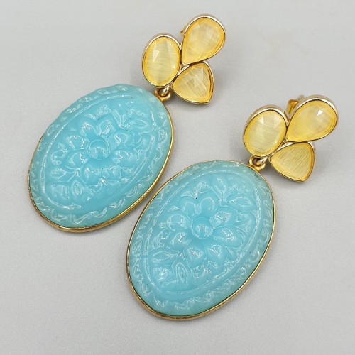 Vergulde oorbellen Kattenoog en uitgesneden Chalcedoon