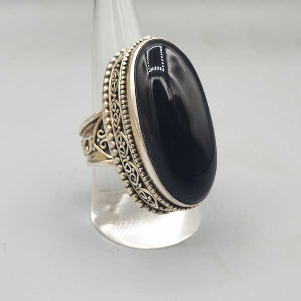 925 Sterling zilveren ring zwarte Onyx bewerkte setting 19 mm