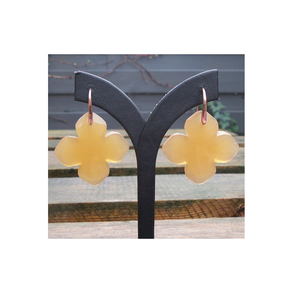 Gold plated earrings set with large clover peach Chalcedony 