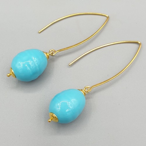 Vergulde oorbellen met Turkoois blauwe Parel
