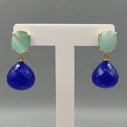 Vergulde oorbellen kobalt blauwe Chalcedoon en Kattenoog