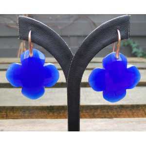 Gold plated earrings set with large clover of blue Chalcedony