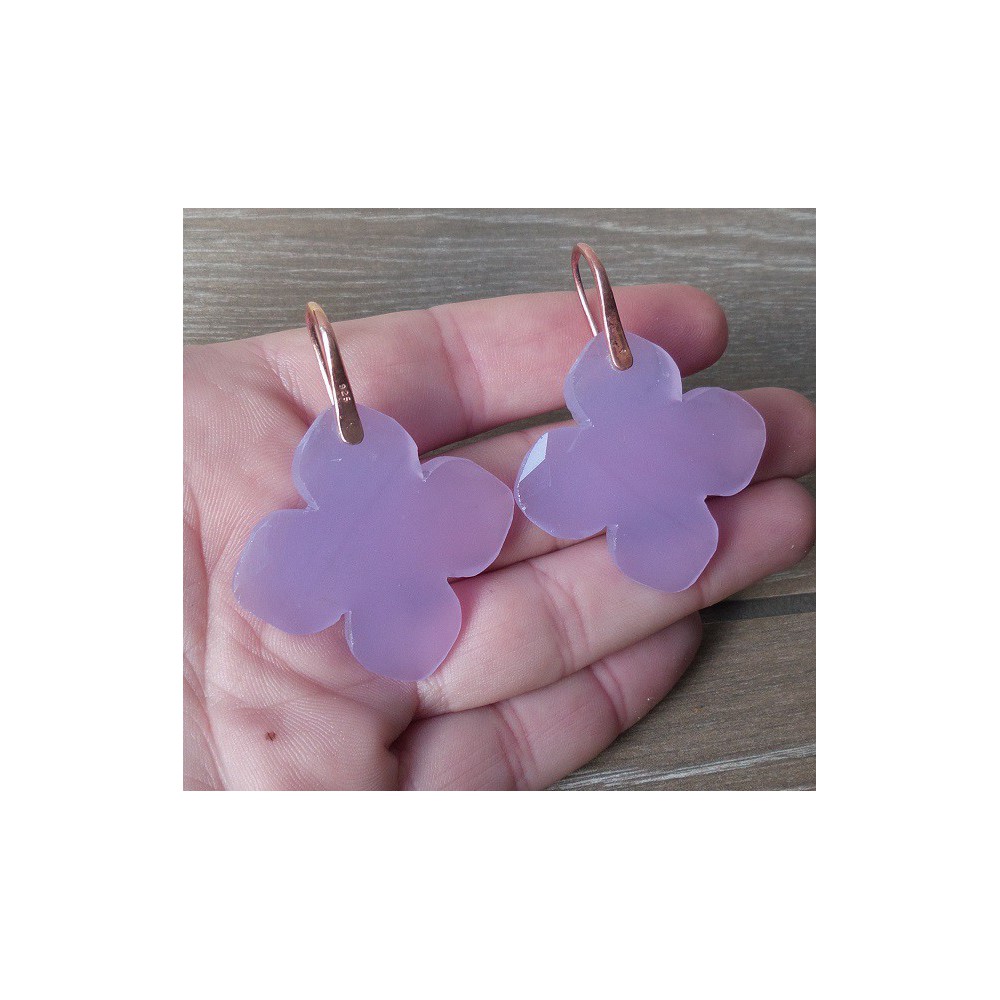 Gold plated earrings set with large clover lavender Chalcedony 