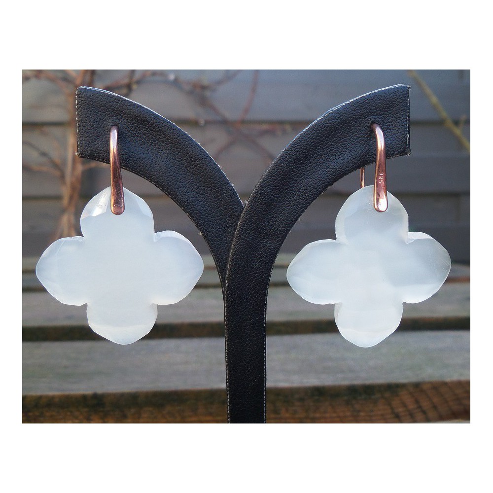 Gold plated earrings set with large clover white Chalcedony