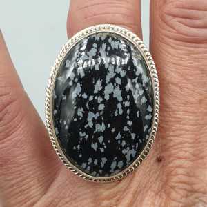 925 Sterling zilveren ring ovale sneeuwvlok Obsidiaan 18 mm