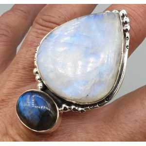 925 Sterling zilveren ring Maansteen en Labradoriet verstelbaar