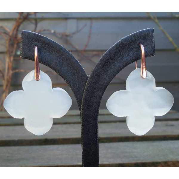Gold plated earrings set with large clover white Chalcedony