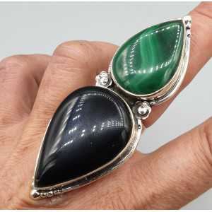 925 Sterling zilveren ring zwarte Onyx en Malachiet verstelbaar