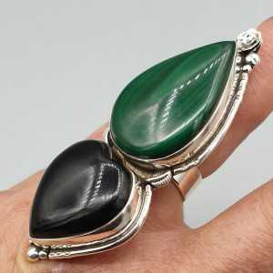 925 Sterling zilveren ring Onyx en Malachiet verstelbaar