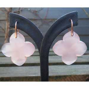 Gold plated earrings set with large clover of rose Chalcedony