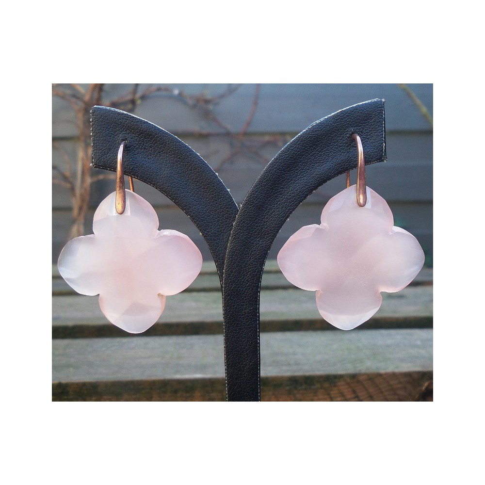 Gold plated earrings set with large clover of rose Chalcedony