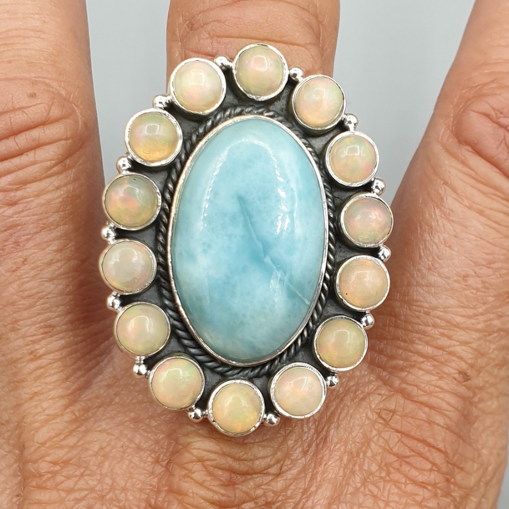 925 Sterling zilveren ring Opalen en Larimar verstelbaar