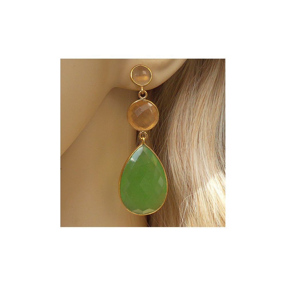 Gold plated earrings set with peach and green Chalcedony