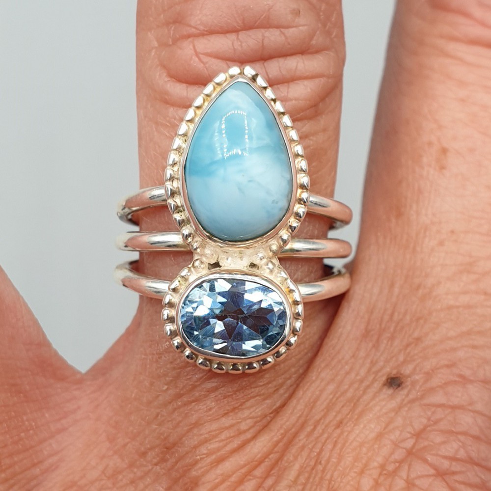 925 Sterling zilveren ring Larimar en blauw Topaas 16.5 mm