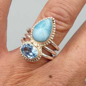 925 Sterling zilveren ring Larimar en blauw Topaas 16.5 mm