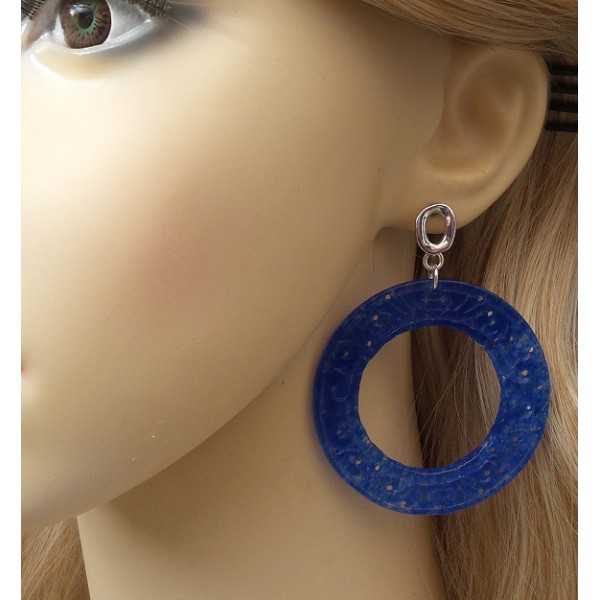 Earrings large round-cut blue Jade