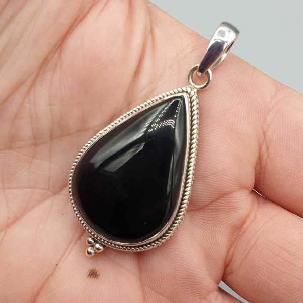 Zilveren hanger druppelvormige zwarte Onyx Medium