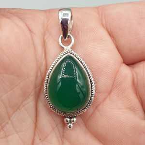 Zilveren hanger druppelvormige groene Onyx small
