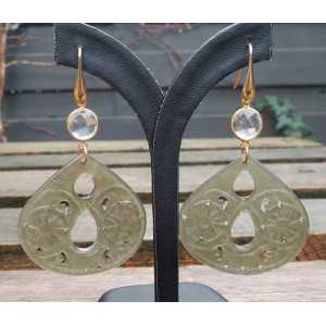 Gold plated earrings with carved Jade and rock Crystal 