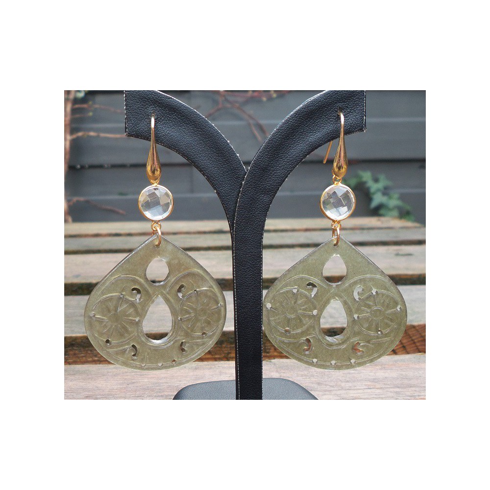 Gold plated earrings with carved Jade and rock Crystal 