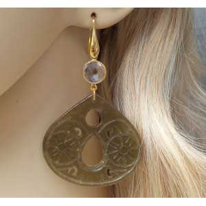 Gold plated earrings with carved Jade and rock Crystal 