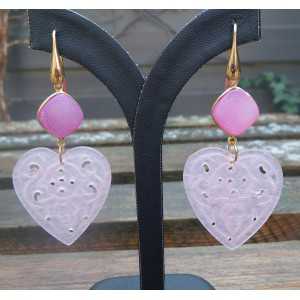 Gold plated earrings with carved pink Jade heart and druzy Agate