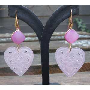 Gold plated earrings with carved pink Jade heart and druzy Agate