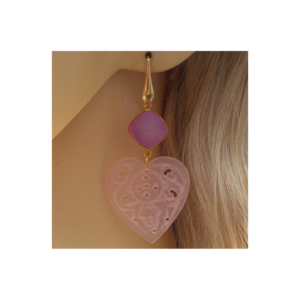 Gold plated earrings with carved pink Jade heart and druzy Agate