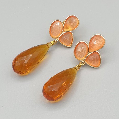 Vergulde oorbellen Citrien quartz en oranje Kattenoog