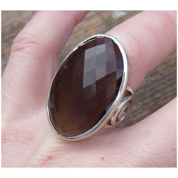 Silver ring with large oval faceted Smokey Topaz 17 mm 