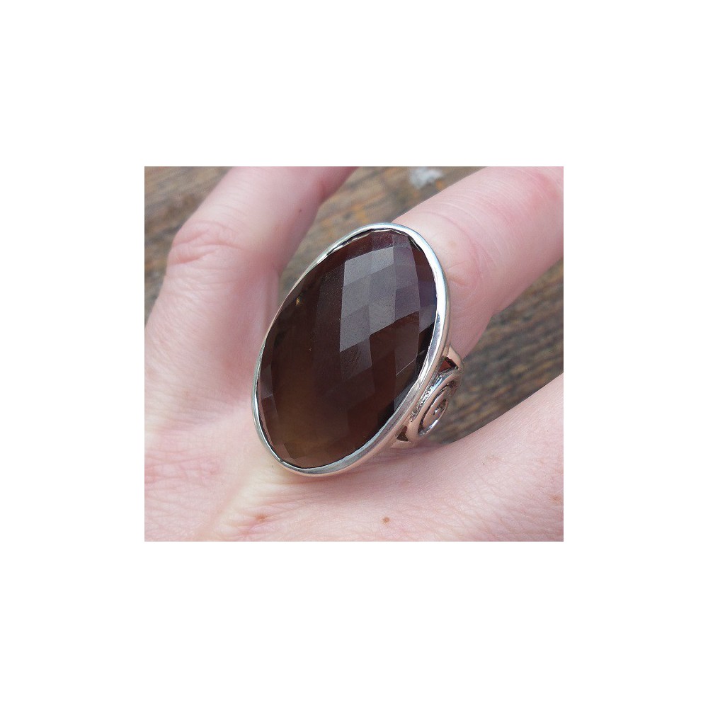 Silver ring with large oval faceted Smokey Topaz 17 mm 