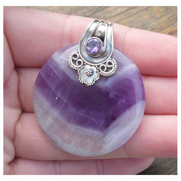 Silver pendant set with round Chevron Amethyst and Amethyst 
