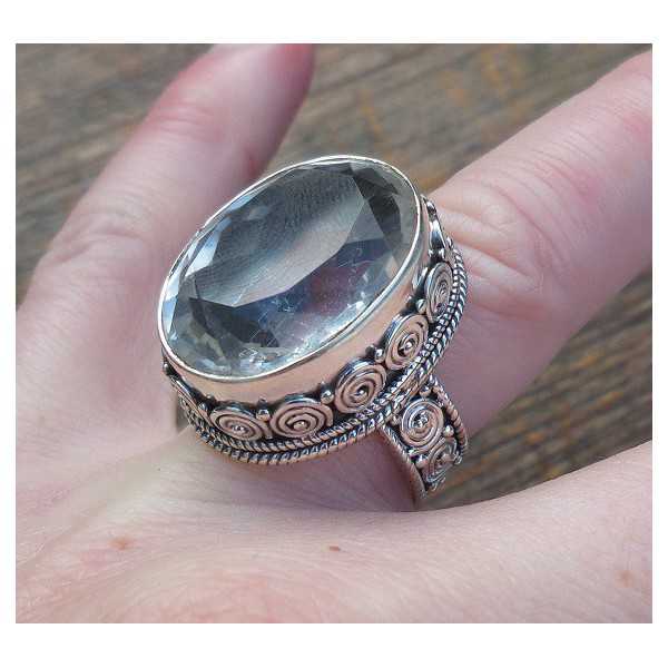Silver ring with white Topaz set in a carved setting 17.3 mm