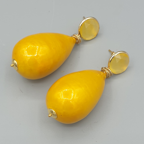 Vergulde oorbellen gele katoen parel en gele Kattenoog