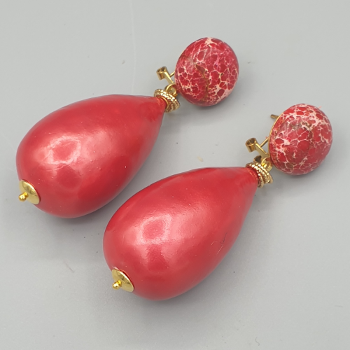 Vergulde oorbellen rode katoen parel en Sediment Jaspis