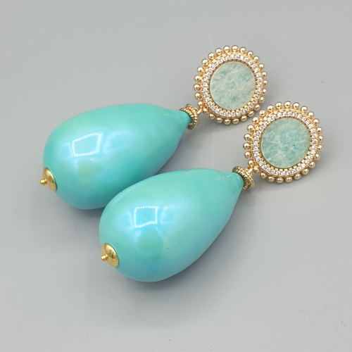 Vergulde oorbellen katoen parel en Amazoniet