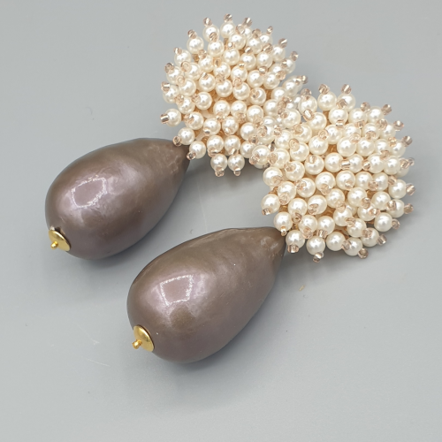 Gold-plated earrings brown cotton pearl and beaded ear stud