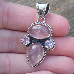 Silver pendant set with rose quartz and pink Quartz