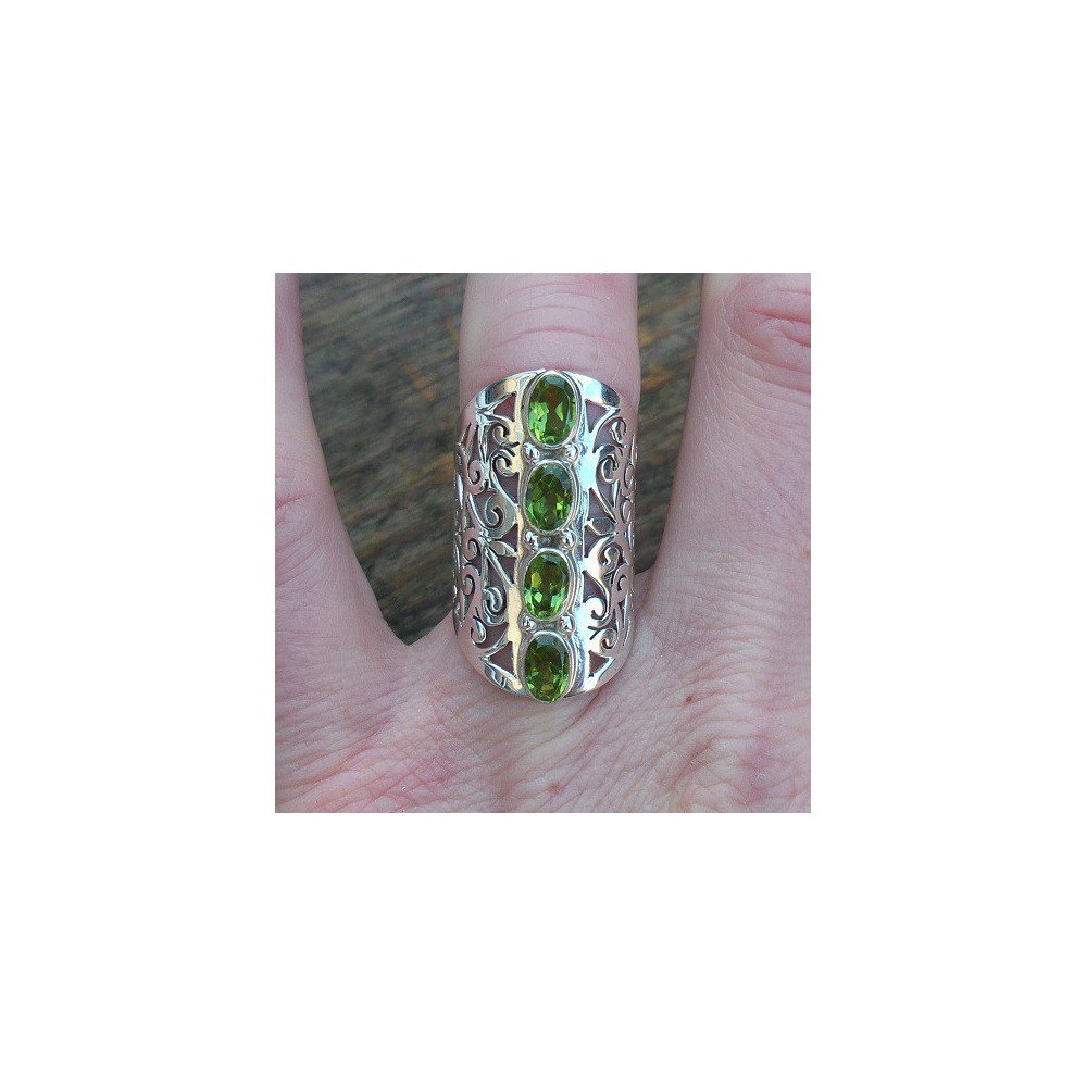 Silver ring with Peridot and open carved ring band 17 mm