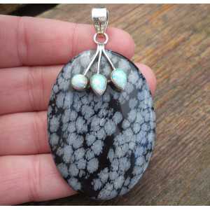 Silver pendant with snowflake Obsidian and Fire Opal