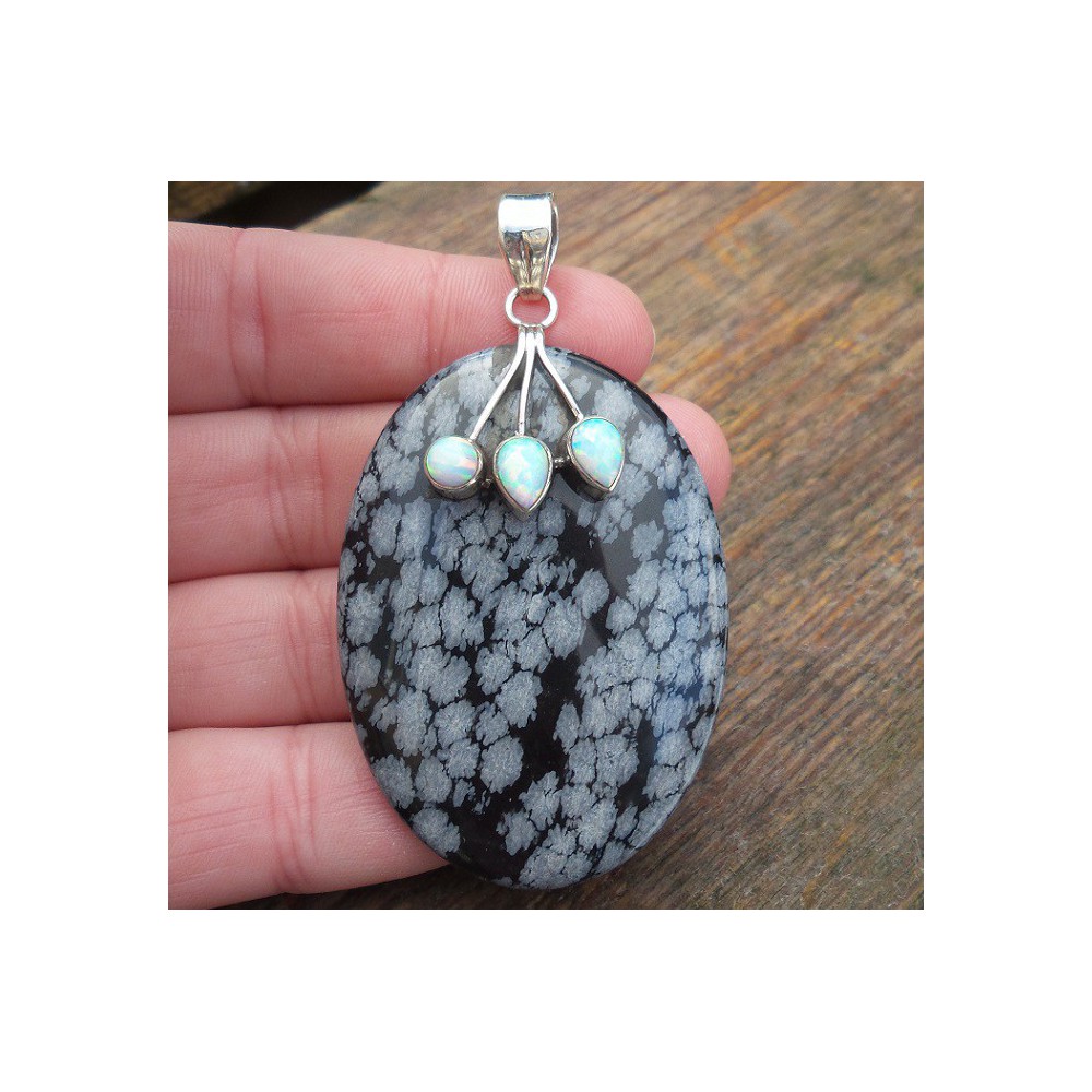 Silver pendant with snowflake Obsidian and Fire Opal