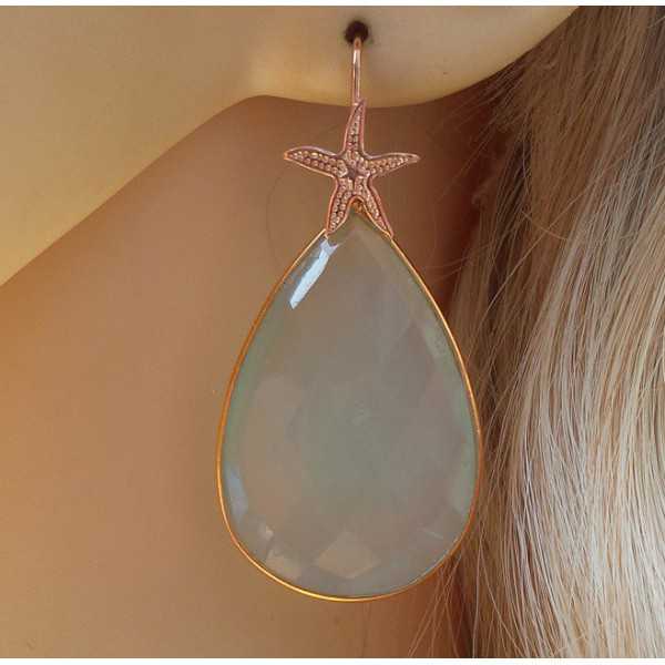 Gold plated earrings with large oval shape aqua Chalcedony