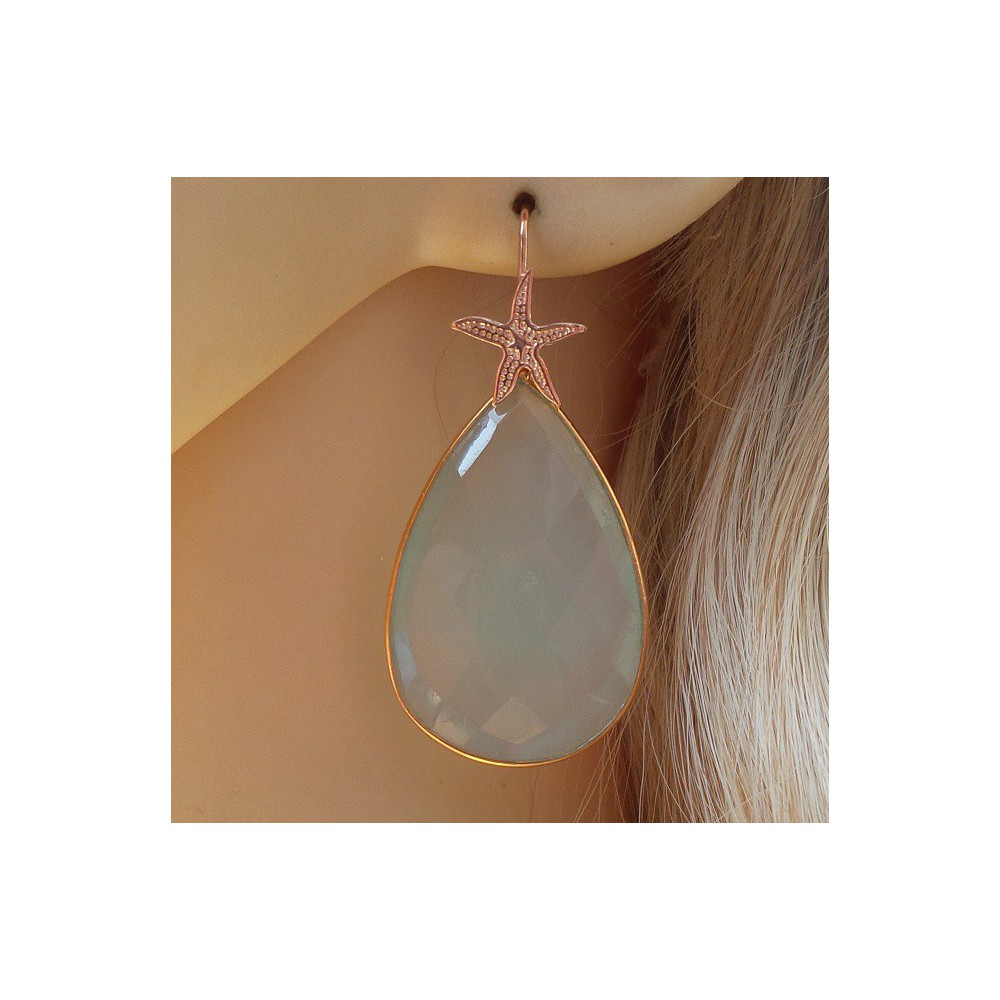 Gold plated earrings with large oval shape aqua Chalcedony