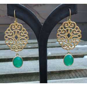 Gold plated earrings with green Onyx and filigree pendant