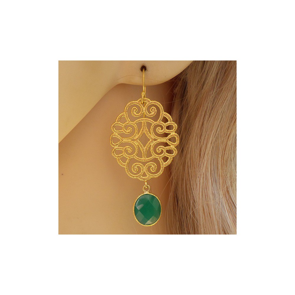 Gold plated earrings with green Onyx and filigree pendant