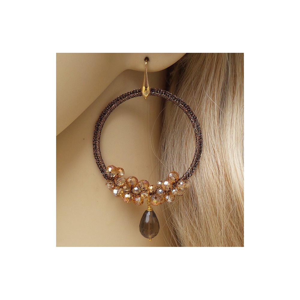 Gold plated earrings Smokey Topaz and pendant of silk thread and crystals