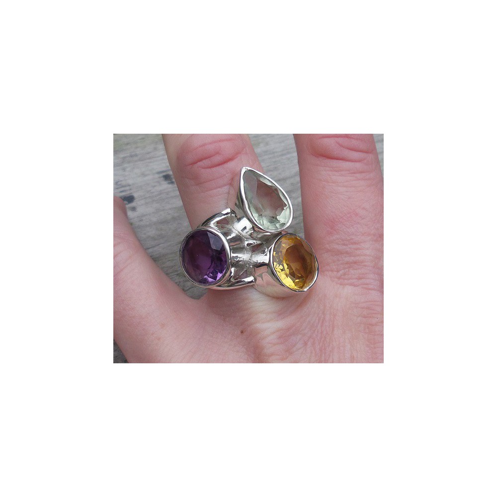 Silver ring set with Amethyst, Citrine and green Amethyst 18 mm